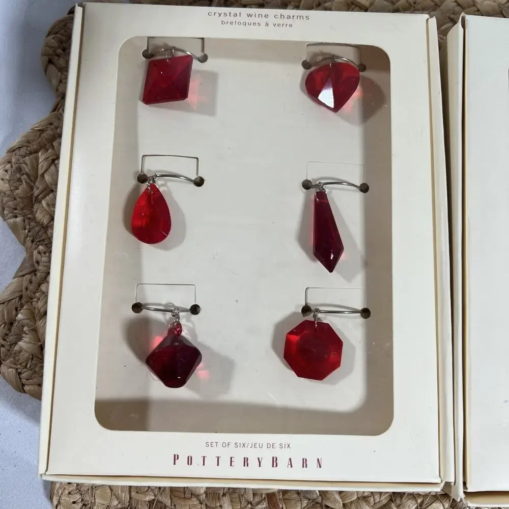 Pottery Barn Red & Clear Crystal Wine Charms Set of 12 Party Christmas Holiday